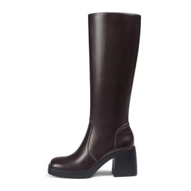 Imagem de Lyrisiphy Botas de cano alto femininas plataforma bico quadrado panturrilha larga salto alto com zíper lateral botas altas de outono, Chocolate, 35