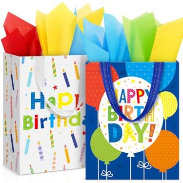 Imagem de Teenyyou Sacos de presente de feliz aniversário com papel de seda reutilizáveis sacos de embrulho não tecidos com alça 26 x 21 x 10 cm para presente de festa de aniversário (2 peças)