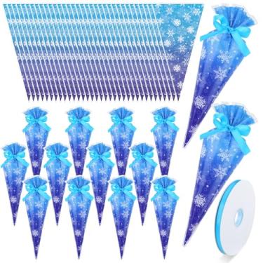Imagem de Yexiya 200 unidades de sacos de guloseimas de celofane de neve gelada de inverno azul e roxo floco de neve de plástico transparente com fita para Natal, inverno, artigos de festa de aniversário gelado