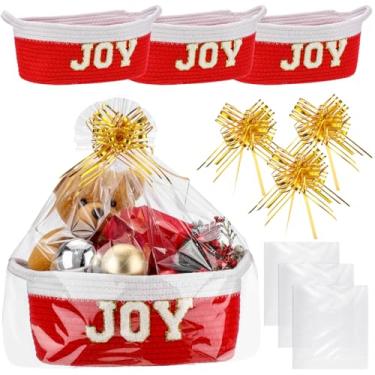 Imagem de Qinyoung Conjunto de 3 cestas de presente de Natal, conjunto de embrulho vazio, cesta de corda de algodão pequena com fita de saco de presente, organizador de armazenamento de tecido de 30 x 20 x 12