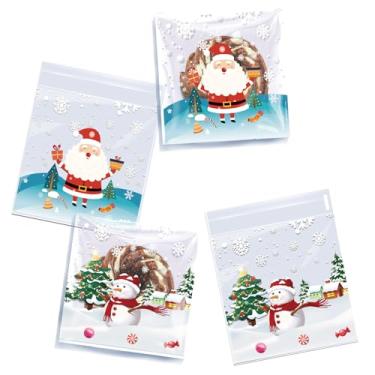 Imagem de 100 unidades de sacos de guloseimas de celofane de Natal - Sacos autoadesivos transparentes para biscoitos, sacos de doces transparentes para violoncelo, lanches de brindes de chocolate, para