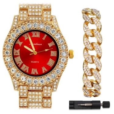 Imagem de ICEDTAG Conjunto de relógio e pulseira com algarismos romanos luxuosos com pedras grandes, mostrador colorido, Conjunto vermelho, Regular, Decoração de festa chá de bebê dia dos namorados