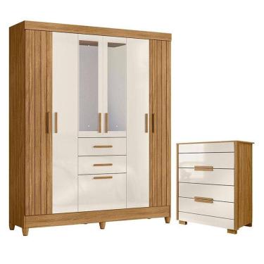 Imagem de Guarda Roupa Solteiro Malta Com Espelho E Cômoda Dhara Freijó Off White - Moval