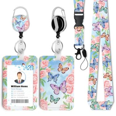 Imagem de Porta-crachá de identificação de flores de borboleta com cordão de separação e carretel retrátil resistente - chaveiro mosquetão giratório de 360° para mulheres, estudantes, professores, enfermeiros