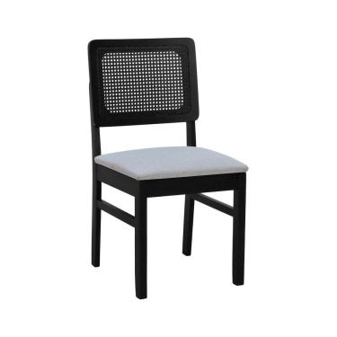 Imagem de Cadeira Lyon Madeira Maciça Encosto Telinha - Preto Assento Estofado Linho Bege Mescla Impermeável