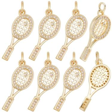Imagem de Beebeecraft 1 caixa 9 peças pingentes de raquete de tênis banhado a ouro 18 K bola de latão esportes esportes pingentes de zircônia cúbica para fazer joias, pulseira, colar, brinco, pingente faça você