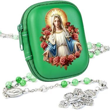 Imagem de PLONKLY Contas de rosário católico para mulheres - elegantes contas de vidro tingidas à água com cruz de coração sagrado, medalha da Virgem Maria e caixa de presente com zíper, presente de oração