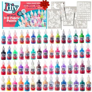 Imagem de Conjunto de 60 tintas de tecido (garrafas de 28 g) - glitter, metálico, brilho no escuro, cores neon + 5 estênceis e 3 pincéis - tinta permanente não tóxica, à base de água, para artesanato DIY