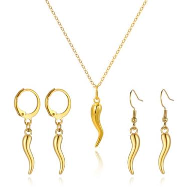Imagem de QLYOVWE Conjunto de joias de chifre italiano para mulheres e homens, colar com pingente de cornicello banhado a ouro 14K, brincos de pimenta e chifre vermelho, boa sorte, proteção talismã, joias