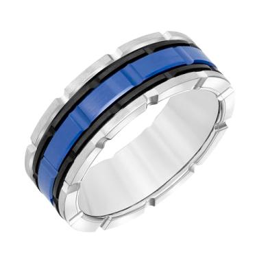 Imagem de Brilliant Expressions Aliança de casamento masculina de carboneto de tungstênio de 8 mm – Tungstênio branco e preto com incrustação de cerâmica azul, anel de ajuste confortável de perfil plano