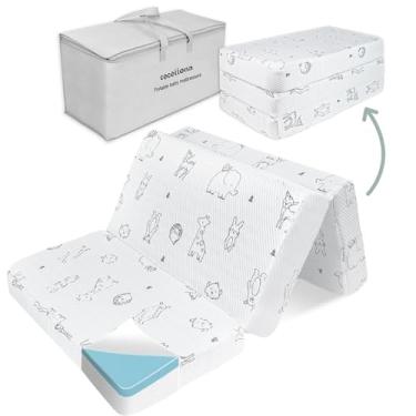 Imagem de Cocellona Colchão de três dobras, colchão de bebê de espuma viscoelástica dupla face 96 x 66 para embalar e brincar, colchão dobrável portátil com capa de animal respirável e bolsa de viagem