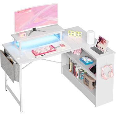 Imagem de Bestier Mesa de jogos em forma de L com luzes LED, mesa de computador de 106 cm com suporte para monitor e armário de armazenamento aberto, mesa de canto de estudo para escritório em casa, quarto,