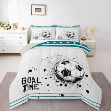Imagem de Erosebridal Jogo de cama solteiro com estampa de futebol americano, decoração de futebol americano, para meninos, geométrico, estrelas, listrado, edredom de plumas, 1 fronha, verde turquesa e branco