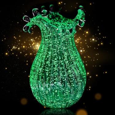 Imagem de Qfkris Vaso luminoso de vidro soprado à mão para flores, vasos de bolhas de cristal azul-petróleo de 20 cm para buquê, decoração de casa, centros de mesa decorativos, presente exclusivo para Natal