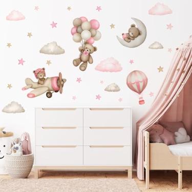 Imagem de Decalques de parede de urso de pelúcia - Desenho animado urso balão de ar estrela lua nuvem adesivos de parede para quarto de crianças meninas e meninos decoração de quarto de bebê quarto de bebê