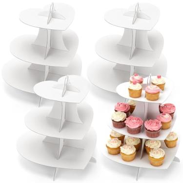 Imagem de Willinglong 4 peças de suporte de cupcake de coração, 3 camadas, branco, para exibição de torre de sobremesa, suporte de papelão, cupcake, decoração para aniversário, casamentos, artigos de festa