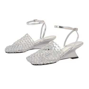 Imagem de Sandália feminina arrastão fechada com bico fechado salto bloco respirável malha trançada com fivela ajustável no tornozelo para verão praia casual elegante, Prata., 33