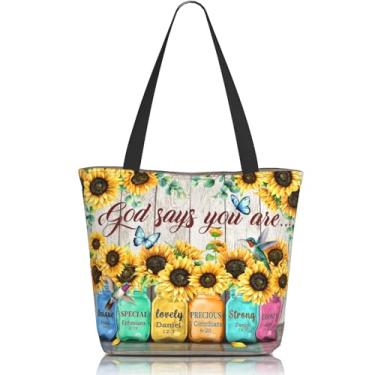 Imagem de Bolsa feminina cristã, versículo bíblico inspirador e estampa de girassol, Gods Says You Are, bolsa de mercearia reutilizável baseada na fé com zíper