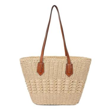 Imagem de Bolsa de ombro feminina de palha grande de tecido de vime, bolsa de praia feita à mão com fecho de zíper, Bege, One Size