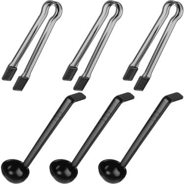 Imagem de Domensi Conjunto de 6 peças de conchas pequenas, incluindo pinças de plástico para servir e concha de molho pequena de 28,3 g, pinça de salada de plástico de acrílico com cabo longo, concha para