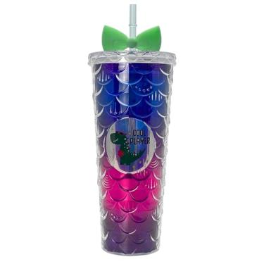Imagem de Copo Infantil Luminoso 750ml com Canudo LED e Tampa, Design Escama de Peixe para Festas, Eventos, Aniversários (Azul)
