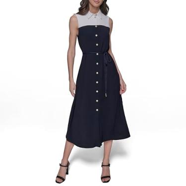 Imagem de KARL LAGERFELD Vestido feminino midi sem mangas com colarinho e cores contrastantes, Marinho/branco macio, 44