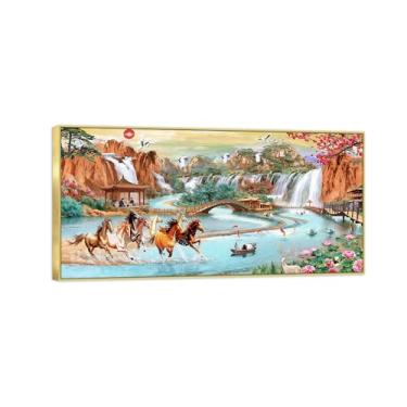 Imagem de Chinoiserie Arte de parede paisagem imagem em tela - Cachoeira Rio Ponte Animais - Pintura chinesa - Impressões em moldura dourada para decoração de casa 70 x 140 cm 27 x 55 pol