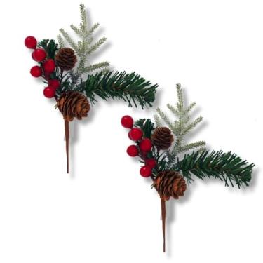 Imagem de 2 Galhos, buquês de Frutinhas Azevinho Artificial Realista | Decoração Natalina com Pinha e Folhas Verdes 20cm | para Árvore de Natal, pinheiro, Enfeite De Festas de Final de Ano