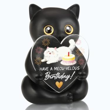 Imagem de VYNWPDFLI Presente divertido de estátua de gato preto com tema de aniversário, presente engraçado para amigos que amam gatos, surpresa de aniversário para amigos, presente de escritório peculiar para