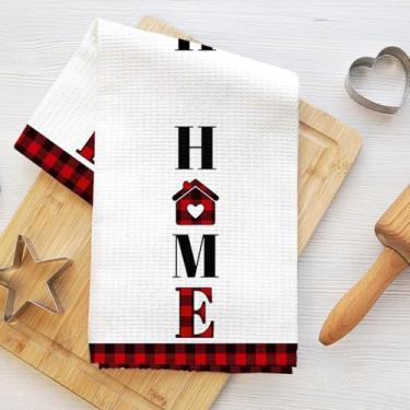 Imagem de Toalhas de cozinha domésticas, grade vermelha preta decorativa toalha de prato de microfibra absorvente toalha de chá, toalhas de mão waffle para casa de fazenda, casa de banho, presentes de