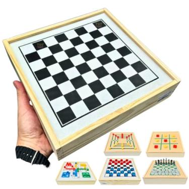Imagem de Jogo 5 em 1 em Madeira – Xadrez, Dama, Ludo, Dominó e Jogo da Velha – Kit para Crianças e Adultos