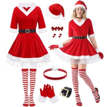 Imagem de VillbeCoser Fantasia de Natal para mulheres, lingerie Sra. Papai Noel, vestido de veludo, sexy, adulto, cosplay, 7 peças, Vermelho, XXG