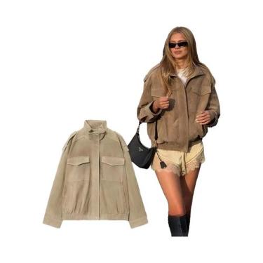 Imagem de Jaqueta Bomber Feminina De Camurça Com Manga Longa E Bolsos, Corte Ret