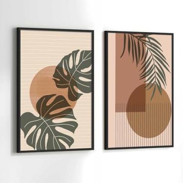 Imagem de Quadros Decorativos com Moldura Folhas Abstrato Marrom Verde Sala Quarto Kit Conjunto 2
