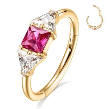 Imagem de GAGABODY Conch Jewelry Brincos de argola de calibre 16 com zircônia cúbica rosa vermelha para nariz, aço cirúrgico, prata, concha, anel de septo, joia de cartilagem de hélice de 8 mm