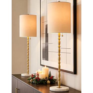 Imagem de BRASSLISM Conjunto De 2 Elegantes Abajures De Mesa De 28,5" De Altura Com Base De Mármore, Haste Com Acabamento Em Latão E Cúpula De Linho Para Sala De Estar, Sala De Jantar, Entrada, Iluminação De