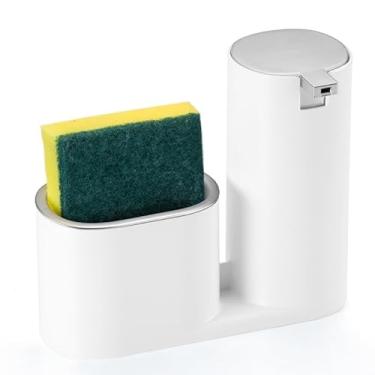 Imagem de Dispenser Porta Detergente Luxo 500ml com Suporte para Bucha – Organizador Moderno para Pia de Cozinha(BRANCO COM PRATEADO)