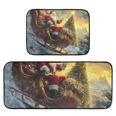 Imagem de Burbuja Conjunto de 2 tapetes e tapetes de cozinha de Natal Papai Noel no trenó, absorvente, lavável, antiderrapante, confortável, para cozinha, banheiro, sala de estar, lavatório, lavanderia