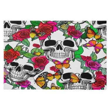 Imagem de CEBUGI Tapete de área 60 x 90 cm macio lavável tapete antiderrapante com suporte de borracha caveiras rosas tapetes de área para sala de estar, quarto, decoração de casa