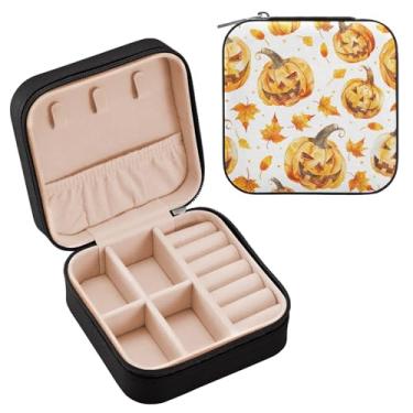 Imagem de YETTASBIN Caixa de joias de abóbora de Halloween para adolescentes, meninas, mulheres, presente de aniversário, Natal, caixa de armazenamento portátil de couro PU, mini estojo de joias de viagem para