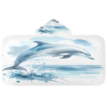 Imagem de Burbuja Toalha de banho com capuz golfinho aquarela para crianças, toalha de praia de pelúcia macia absorvente para chá de meninas e meninos 3-10 anos, 61 x 127 cm