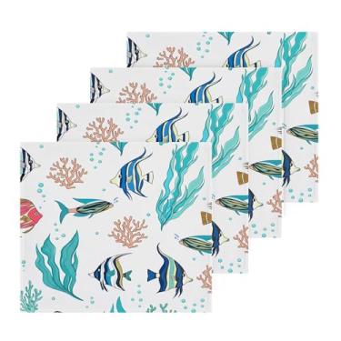 Imagem de Burbuja Pacote com 4 toalhas de banho Fishes, algodão premium, máxima suavidade e absorção para toalhas de mão e rosto, 30,5 x 30,5 cm