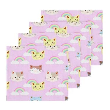 Imagem de Burbuja Cat Faces pastel arco-íris pacote com 4 toalhas de banho, algodão premium máxima suavidade e absorção para toalhas de mão e rosto, 30 x 30 cm