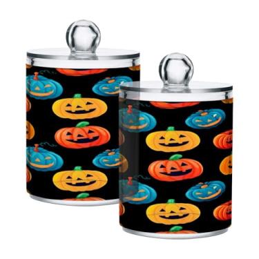 Imagem de STAYTOP 4 frascos de boticário Qtip para banheiro com etiquetas – Recipiente de armazenamento Qtip de plástico transparente para bola de algodão, cotonete, grão de café e abóbora de Halloween