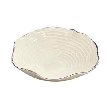 Imagem de Fruteira Fruteira de cerâmica branca com borda prateada e textura ondulada, ideal para servir aperitivos. Decoração de mesa(Pequeno)