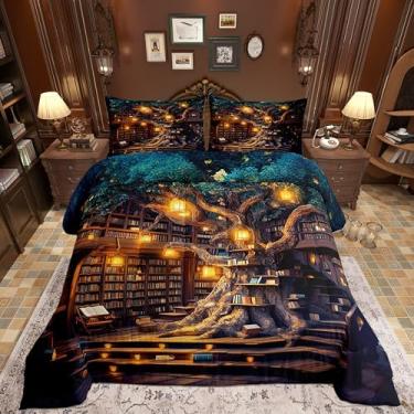 Imagem de Conjunto de cama misterioso para meninos e meninas, estilo conto de fadas, para todas as estações, aconchegante, conjunto de edredom casal, árvores e livros, decoração de quarto, presentes de festival