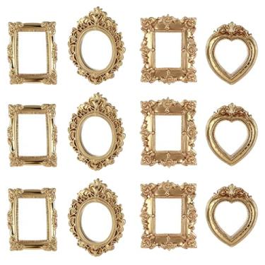 Imagem de 12 porta-retratos vintage de resina, 4 estilos, mini porta-retratos barroco antigo, minimolduras retangulares ovais pequenas para pendurar na parede para exibição de joias, decoração de festa de