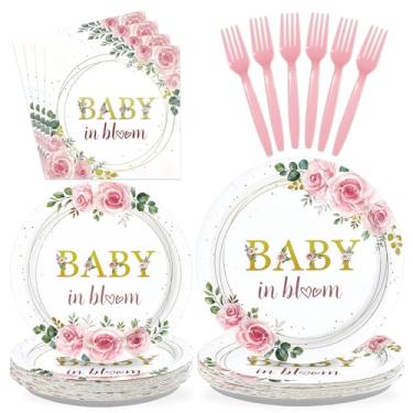 Imagem de 96 peças de decorações de festa de bebê em flor, descartáveis, rosa, floral, para chá de bebê, pratos e guardanapos de papel para chá de bebê, verde sálvia e rosa, conjunto de utensílios de mesa para