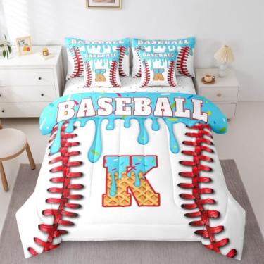 Imagem de Conjunto de edredom de beisebol personalizado com lençóis, fronhas e capa de almofada, inicial K, conjunto de cama de 7 peças para decoração de quarto de meninas, presente para amantes de beisebol