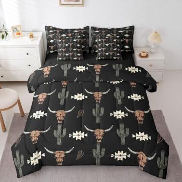 Imagem de Erosebridal Jogo de edredom King de 7 peças com caveira de touro, asteca, preto, marrom, tribal, faroeste, tribal, com cabeça de vaca, geométrico, para adultos, homens e mulheres